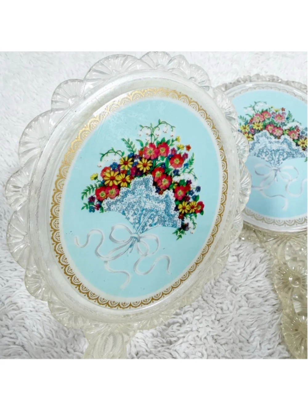 Vintage Floral Hand Mirror & Brush Vanity Set Shabby Chic Cottagecore Decor 70s